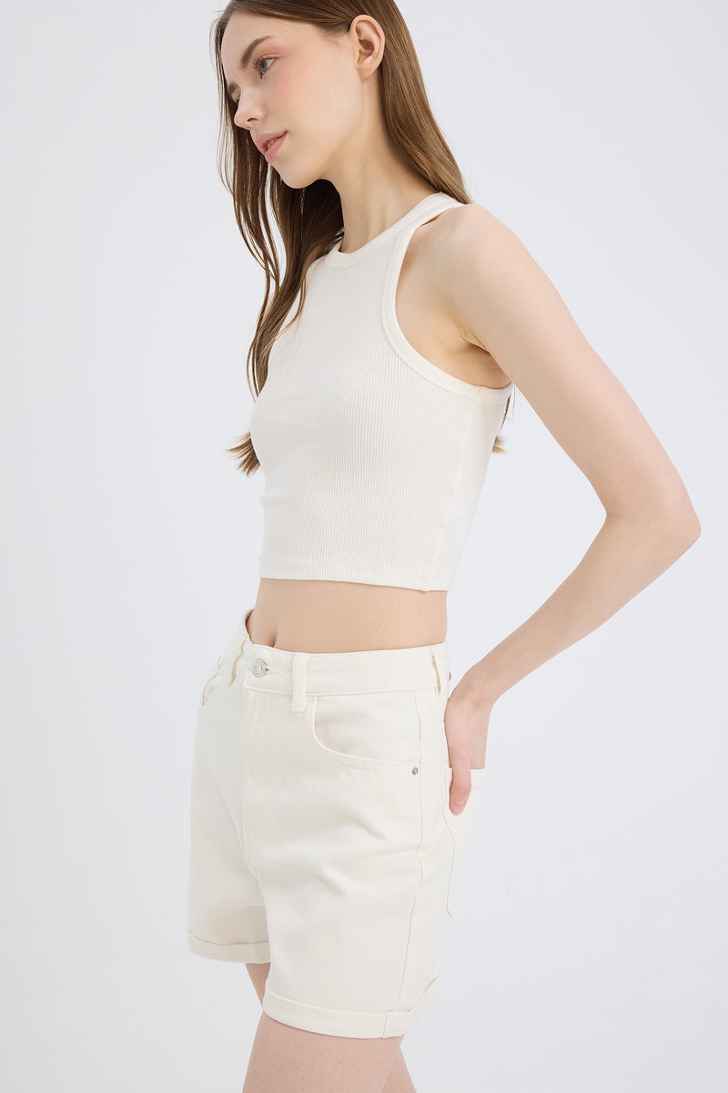 DeFacto White Woman Mom Fit Denim High Waist Folded Leg Shorts Casual - Image 4